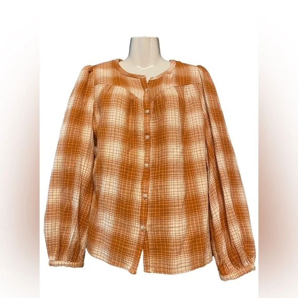 NWT Universal Thread Brown/Orange Plaid Gauze Cotton Button Down Top - Picture 1 of 9